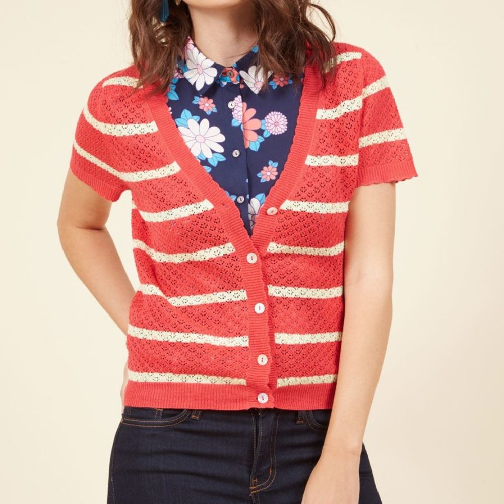 Modcloth Stay Sweet Striped Coral Cardigan, Medium